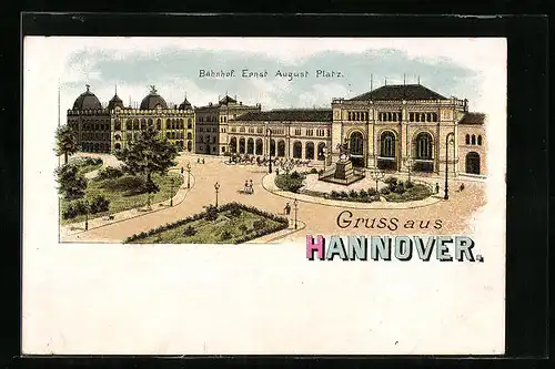 Lithographie Hannover, Ernst August-Platz mit Bahnhof und Denkmal