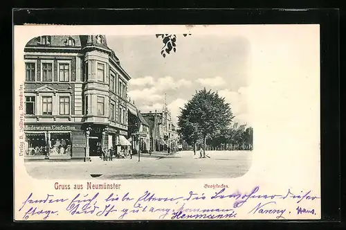 AK Neumünster, Strasse Grossflecken mit Wohnhäusern