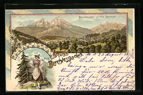 Lithographie Berchtesgaden, Ortsansicht v. d. Villa Alpenruhe