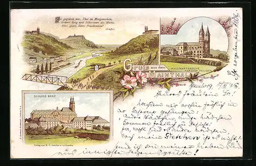 Vorläufer-Lithographie Bad Staffelstein /Mainthal, 1895, Wallfahrtskirche Vierzehn Heiligen und Schloss Banz