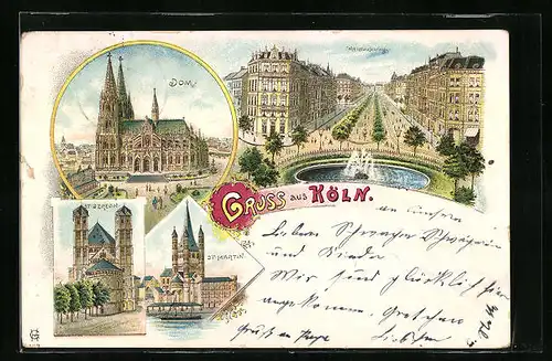 Lithographie Köln, Dom, St. Gereon und St. Martin