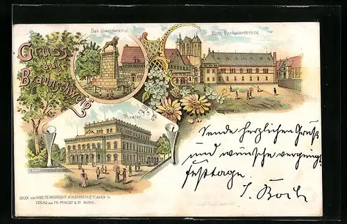 Lithographie Braunschweig, Löwendenkmal, Burg Bankwarderode und Theater