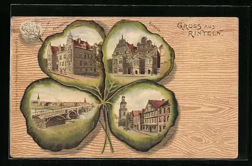 Passepartout-Lithographie Rinteln, Kreishaus, Rathaus und Weserbrücke, Kleeblatt