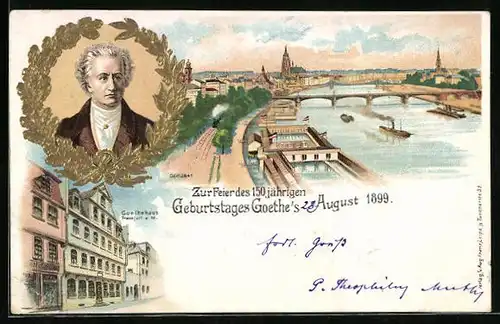 Lithographie Alt-Frankfurt, Goethehaus und Porträt Goethes zum 150 jährigen Geburtstag