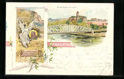 Lithographie Halle a. S., Ruine Giebichenstein und Kaiser-Denkmal