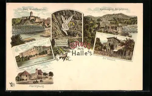 Lithographie Halle a. S., Reilsburg v. d. Bergschenke und Burg Giebichenstein
