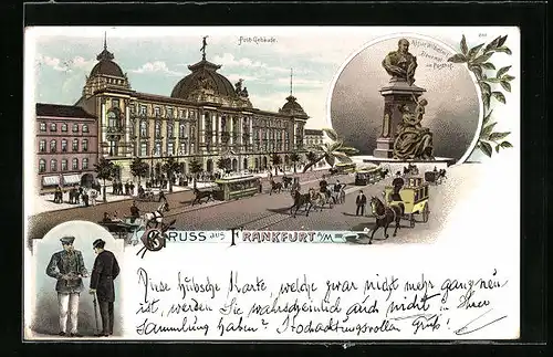 Lithographie Frankfurt a. M., Strassenbahn am Postgebäude, Kaiser Wilhelm II. Denkmal im Posthof