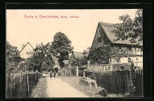 AK Oberlohmen /Sächs. Schweiz, Strassenpartie mit alten Häusern