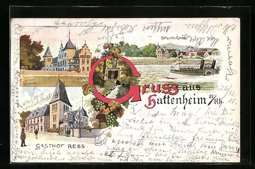 Lithographie Hattenheim a. Rh., Gasthof Ress, Ortspartie mit Hallgarter Zange