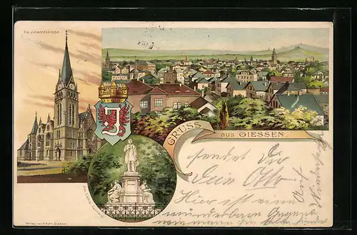 Lithographie Giessen, Die Johanneskirche, Totalansicht und Liebig-Denkmal