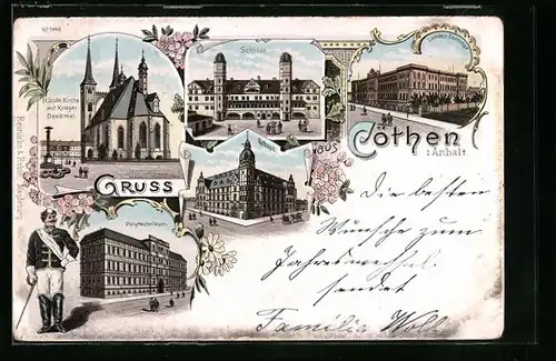 Lithographie Cöthen i. Anhalt, Schloss, Rathaus, Polytechnikum