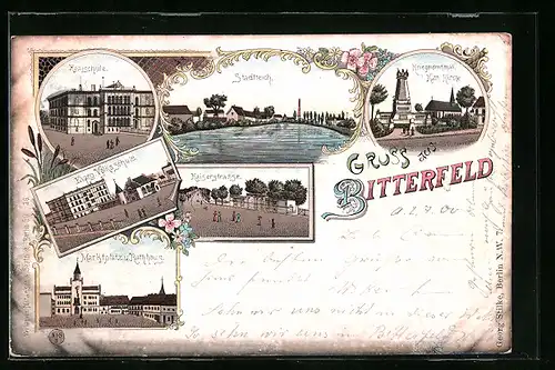 Lithographie Bitterfeld, Evangelische Volksschule, Realschule, Stadtteich