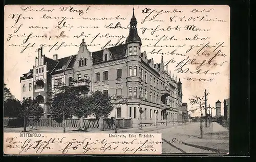 AK Bitterfeld, Lindenstrasse Ecke Mittelstrasse mit Bäumen