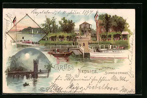 Lithographie Nedlitz, Restaurant-Schweizerhaus, Brücke bei Mondschein, Uferpartie mit Dampfer