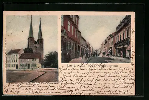 AK Burg b. M., Schartauerstrasse mit Geschäft, Nicolaikirche