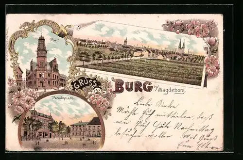 Lithographie Burg b. Magdeburg, Teilansicht, Post, Paradeplatz
