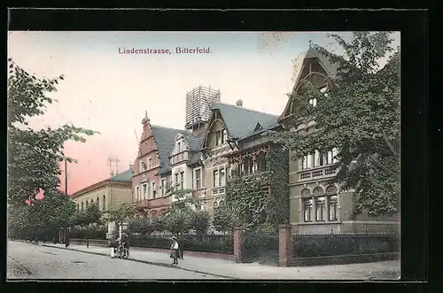 AK Bitterfeld, Lindenstrasse mit Passanten