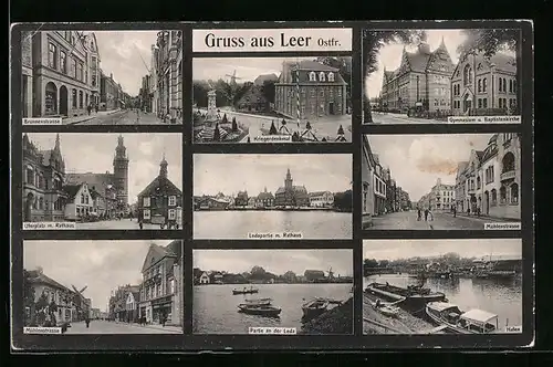 AK Leer /Ostfr., Mühlenstrasse mit Geschäft, Gymnasium und Baptistenkirche, Hafen