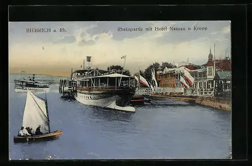 AK Biebrich a. Rh., Rheinpartie mit Hotel Nassau und Krone