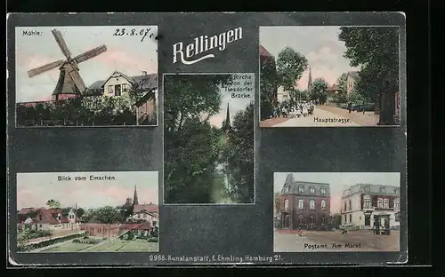 AK Rellingen, Postamt am Markt, Windmühle, Kirche von der Thesdorfer Brücke, Blick vom Emschen