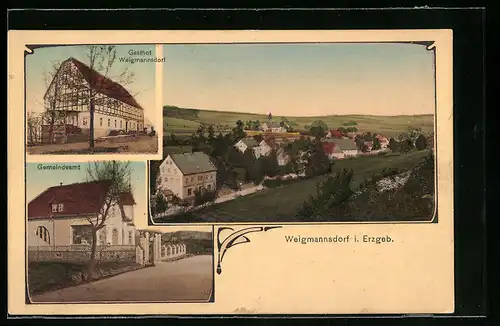 AK Weigmannsdorf i. Erzgeb., Gasthof Weigmannsdorf mit Gemeindeamt und Ortspartie