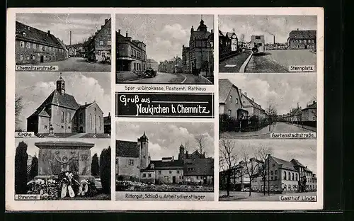 AK Neukirchen b. Chemnitz, Chemnitzerstrasse, Kirche, Ehrenmal und Gasthof Linde