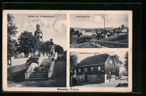 AK Nassau i. Erzgeb., Kirche mit Kriegerdenkmal, Gesamtansicht und Geschäftshaus Geissler