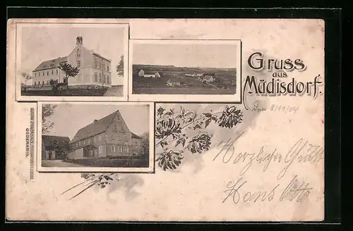 AK Müdisdorf, Gleichnamiger Gasthof, Schule und Fernansicht