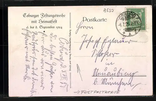 Künstler-AK Coburg, Festpostkarte zur Coburger Festungsweihe, 6. bis 8. Sept. 1924