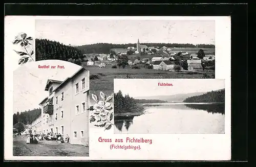 AK Fichtelberg im Fichtelgeb., Gasthof zur Post, Ortsansicht mit Fichtelsee