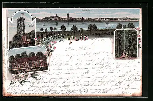 Lithographie Plön, Aussichtsturm, Prinzenschloss, Totalansicht und Schlossgarten-Allee