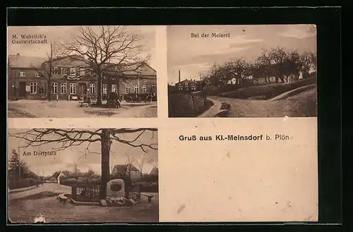 AK Kl.-Meinsdorf b. Plön, Gasthaus von M. Wahrlich, Strassenpartie bei der Meierei und Dorfplatz