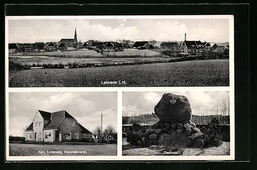 AK Lebrade i. H., Kolonialwaren von Karl Lorenzen, Totalansicht und Denkmal