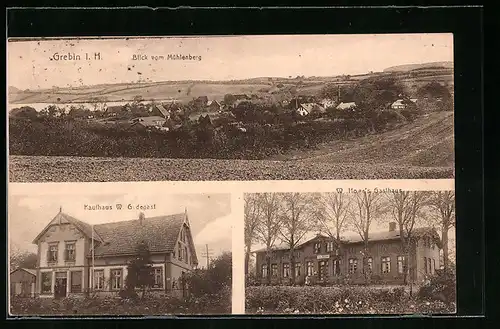 AK Grebin i. H., Kaufhaus W. Gudegast, W. Howe`s Gasthaus und Totalansicht vom Mühlenberg