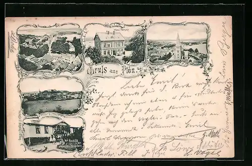 AK Plön, Altstadt und Neustadt, Totalansicht, Hotel Parnap und Baracke des Johanniterklosters