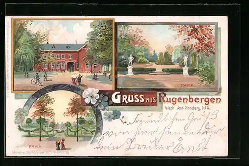 Lithographie Rugenbergen, Gasthaus Rugenbergen, Parkpartien