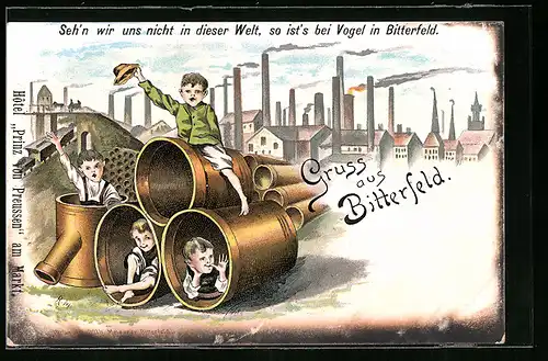 Lithographie Bitterfeld, Jungen in Röhren vor der Fabrik