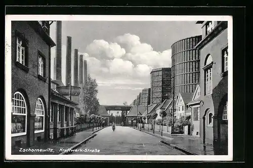 AK Zschornewitz, Kraftwerk-Strasse mit Motorradfahrer