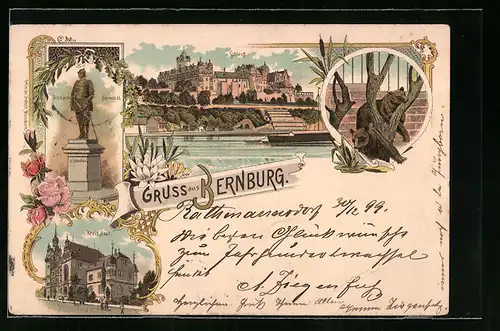 Lithographie Bernburg, Schloss, Kreis-Haus, Bismarck-Denkmal