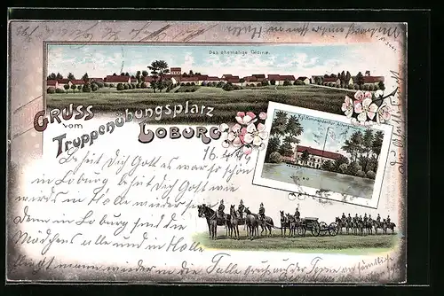 Lithographie Loburg, Das ehemalige Gloine, Königliche Kommandantur Altengrabow, Soldaten zu Pferde mit Kanone