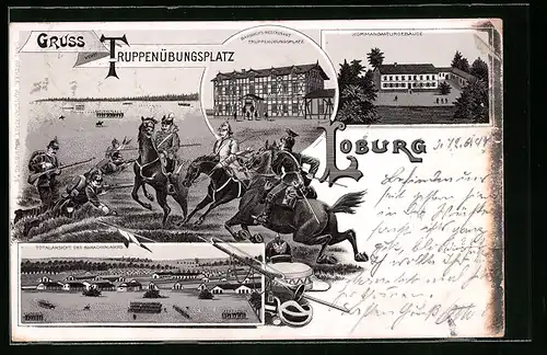 Lithographie Loburg, Bahnhofs-Restaurant Truppenübungsplatz, Kommandanturgebäude, Totalansicht des Barackenlagers