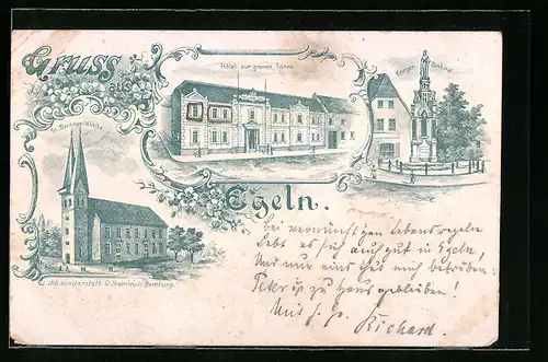 Lithographie Egeln, Hotel zur grünen Tanne, St. Spiritus-Kirche, Krieger-Denkmal