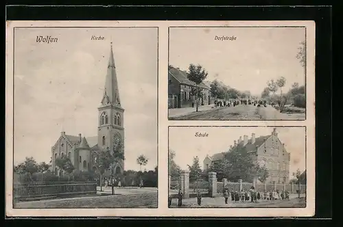 AK Wolfen, Kirche, Schule, Dorfstrasse