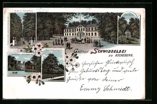 Lithographie Ascheberg, Gasthof Schwiddeldei, Schloss Ascheberg, Riesenkastanie