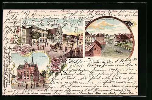 Lithographie Preetz i. H., Sparkasse, Marktplatz, An der Schwentiene