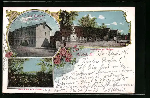 AK Wedel, Gasthaus zum Roland, Marktplatz mit Roland