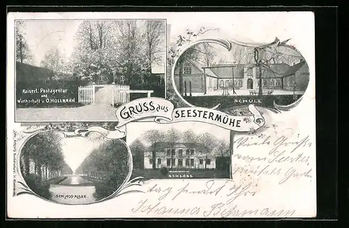 AK Seestermühe, Kaiserl. Postagentur und Gasthaus v. O. Hüllmann, Schloss-Allee, Schule