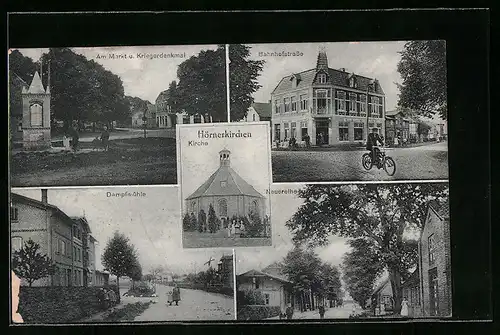 AK Hörnerkirchen, Am Markt und Kriegerdenkmal, Bahnhofstrasse, Dampfmühle, Kirche