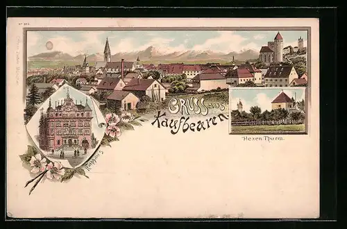 Lithographie Kaufbeuren, Rathhaus, Hexen Thurm, Gesamtansicht