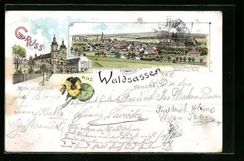 Lithographie Waldsassen, Kirche mit Pfarrhaus, Totalansicht